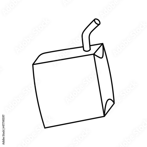 Pack of juice line icon. Iced tea bag with straw. Milk box with drinking straw. Vector illustration in doodle style - isolated.