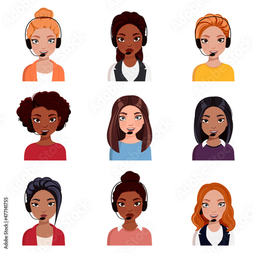 Hotline Call center woman support. Office workers in headphones with microphone. Operator online help, advises, feedback.