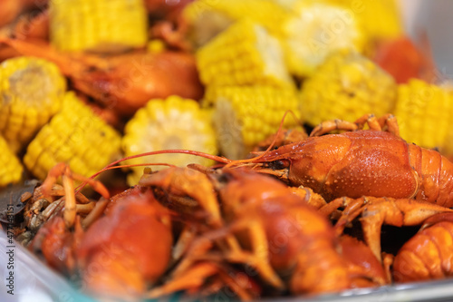 red boiled crawfish and corn