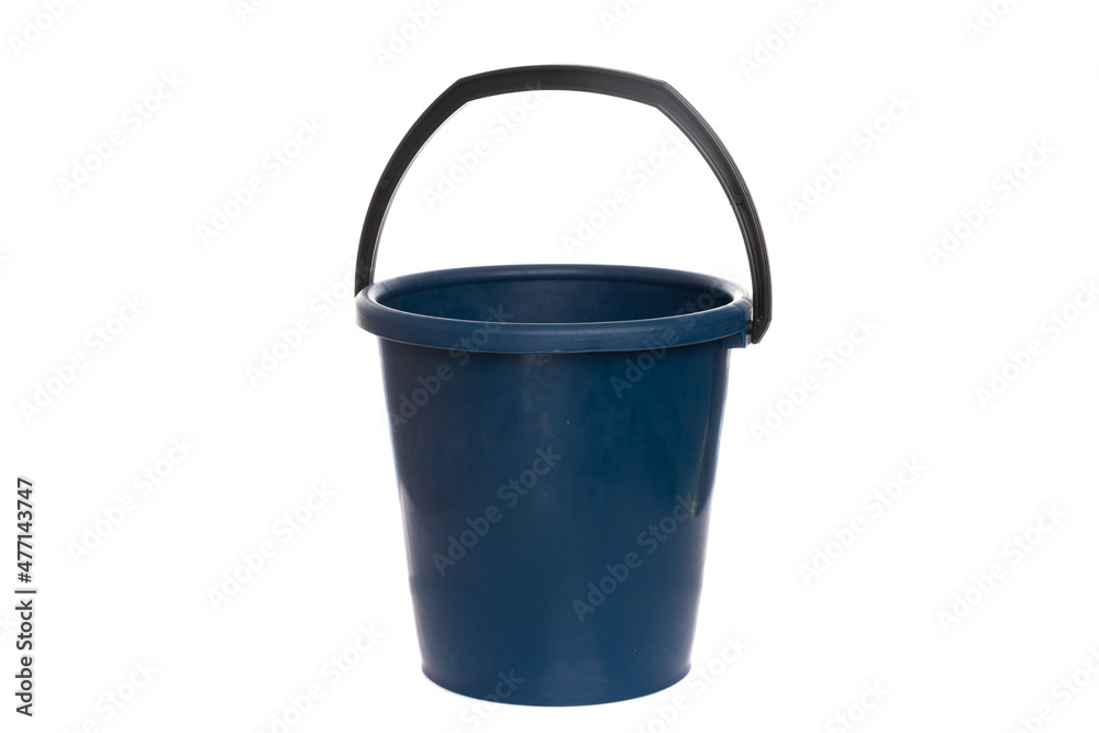 empty blue plastic bucket with black handle on white isolated background empty blue plastic bucket with black handle on white isolated background
