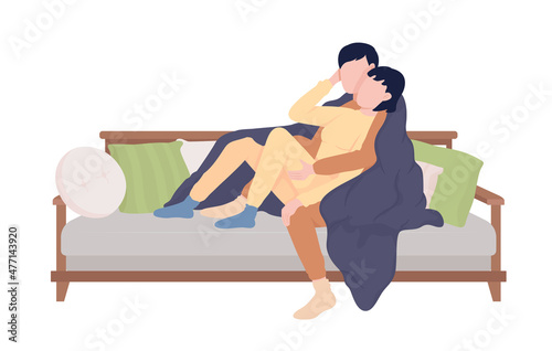 Couple together on sofa semi flat color vector characters. Interacting figures. Full body people on white. Rest and relax isolated modern cartoon style illustration for graphic design and animation
