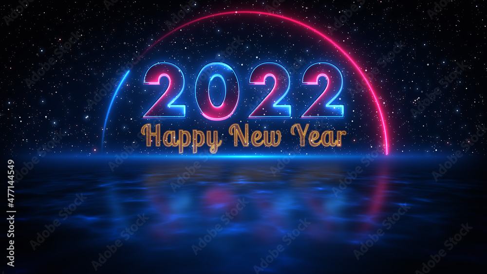 Futuristic Blue Red Shine Happy New Year 2022 Greeting Neon Sign With Light Reflection With Blue Water Surface On Starry night Sky