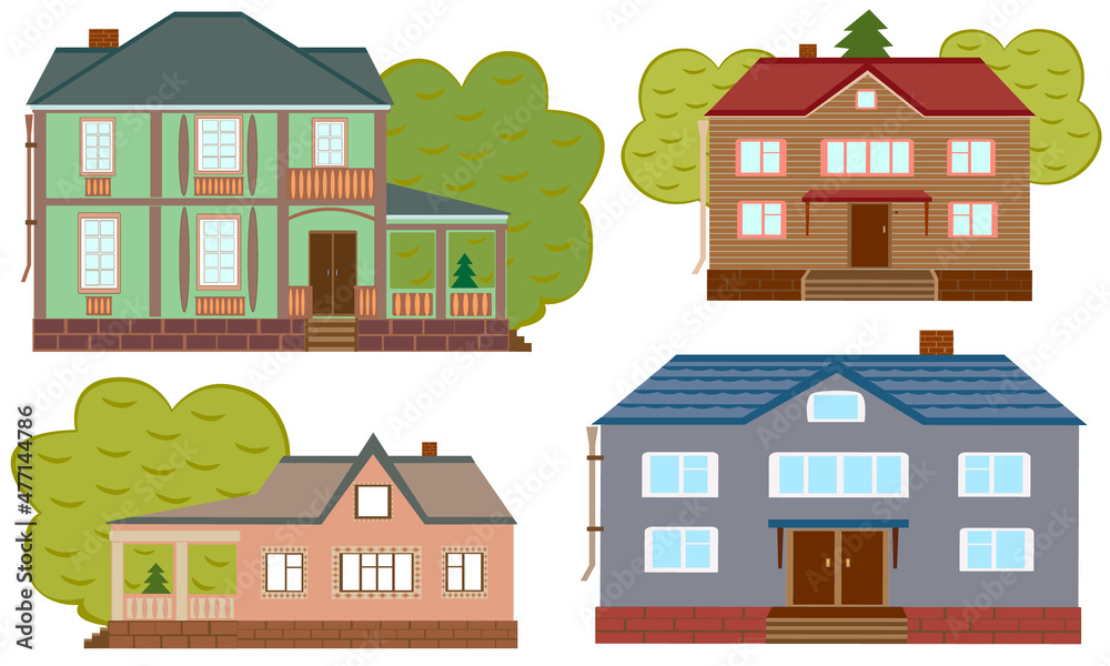 A set of beautiful houses. Vector illustration isolated on white background. A set of beautiful houses. Vector illustration isolated on white background.