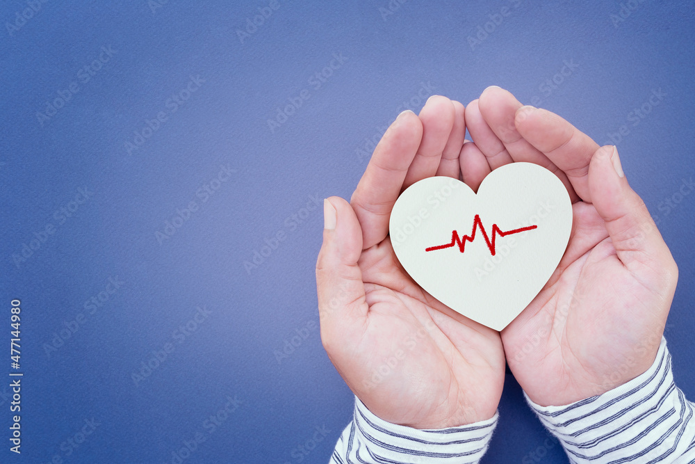 Fototapeta premium Man hands holding white paper heart shape and Heart cardiogram, heart health, world health day, world mental health day, medical and wellbeing.