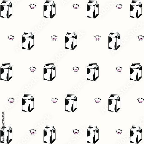 Pattern; cute black and white cow and milk carton box cartoon character  isolated on white background