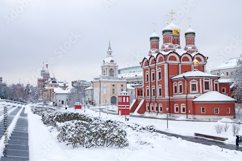 Znamensky Cathedral of the former Znamensky men`s Monastery in the snow. View from the territory of Zaryadye