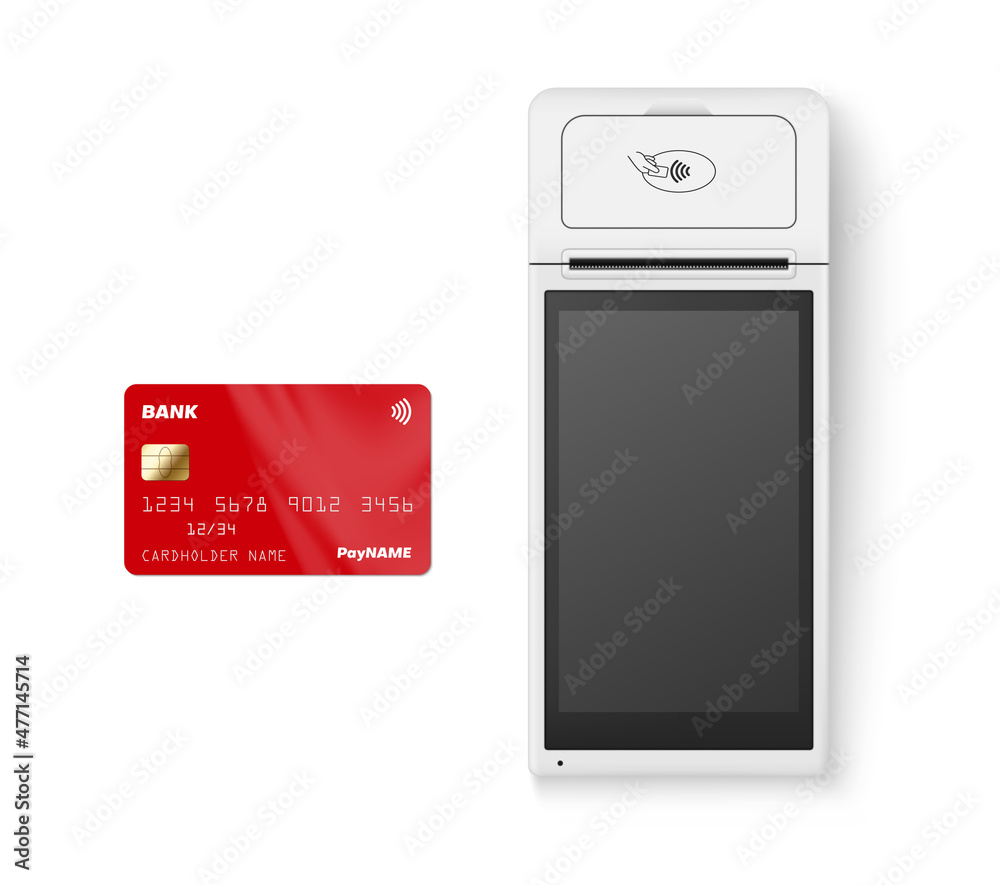 Realistic POS terminal with bank card vector illustration. Online banking pay machine processing NFC - obrazy, fototapety, plakaty 