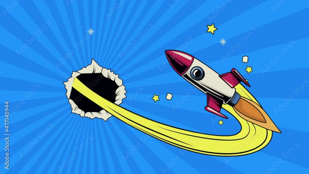 pop art style animation with rocket and hole