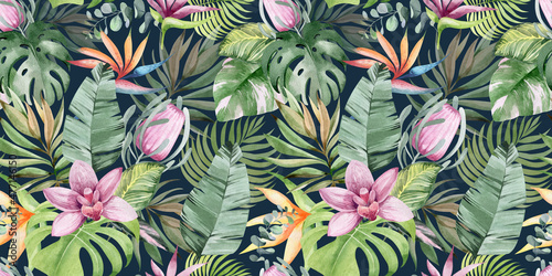 watercolor seamless pattern. floral background tropical blooming flowers and leaves. Plants and flowers of Australia. for fabric, textile, roll wallpaper, design, cards, invitations, stickers, wedding photo