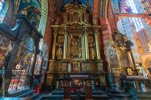 Krakow, Poland December 17, 2021; View of the interior of St. Mary's Basilica in Krakow on the Main Square.