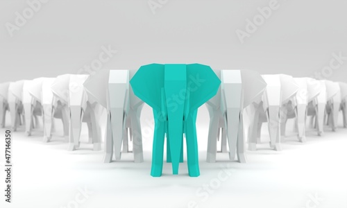 Blue elephant, standing out from the crowd of whites.