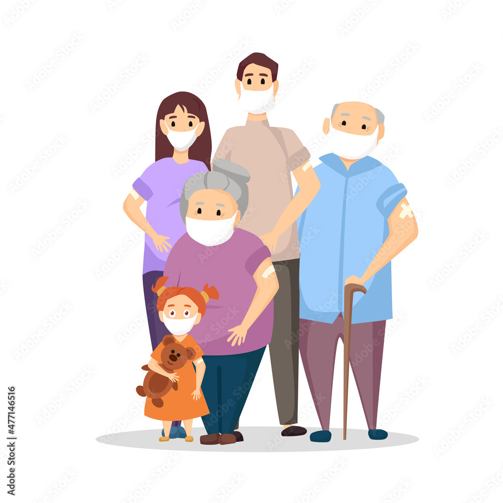 Covid-19 coronavirus vaccination for a happy, masked family. Global hope for COVID-19 vaccine concept. Family vaccination. Covid-19 coronavirus vaccination for a happy, masked family. Global hope for COVID-19 vaccine concept. Family vaccination.