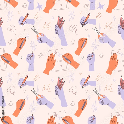 Seamless human hands pattern. Arms hold various stationery. Persons write with pencil. Palms hold pens and cut scissors. Draw funny doodles on paper piece. Vector background design