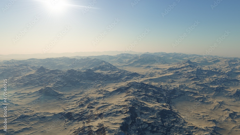 alien planet landscape sci fi spatial background, view from planet surface with spectacular sky, realistic digital illustration