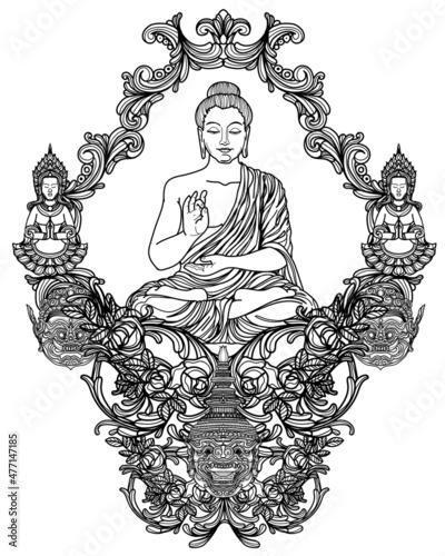 Tattoo art buddha thai design hand drawing and sketch