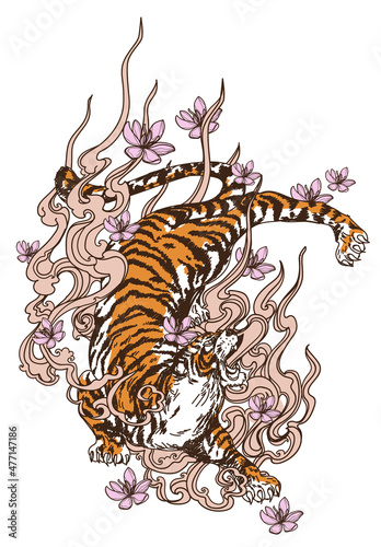 Tattoo art tiger hand drawing and sketch