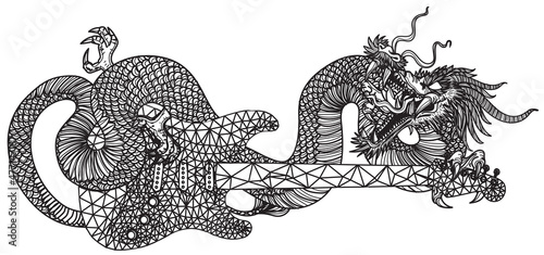 Tattoo art dragon and guitar hand drawing and sketch black and white