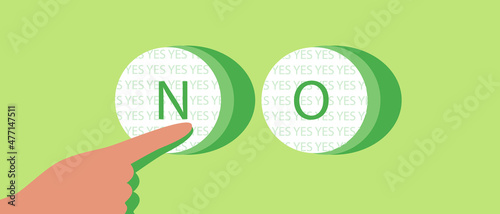 Finger presses the  button with text NO, Flat vector stock illustration as Concept of lie, choice