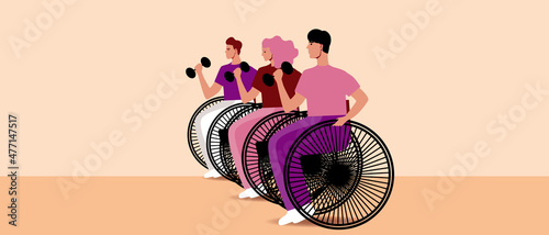 Inclusive community with dumbbells, Flat vector stock illustration with disabled sportsmen in wheelchair together