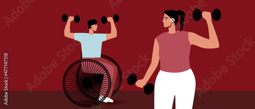 Inclusive couple with dumbbells, flat vector stock illustration with wheelchair athlete and deaf woman