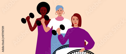 Inclusive women with dumbbells isolated, flat vector stock illustration with disabled athlete in wheelchair, african person and old woman
