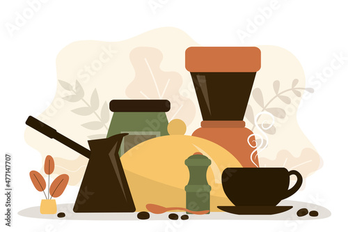 Different tools for making cappuccino. Coffee machine, french press, grinder, moka. Coffee shop or restaurant