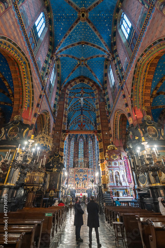 Krakow, Poland December 17, 2021; View of the interior of St. Mary's Basilica in Krakow on the Main Square.
