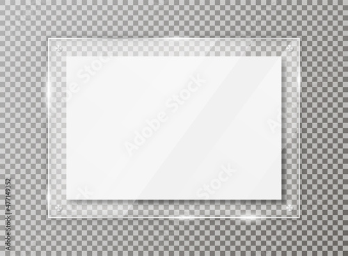Glass plate on transparent background. Acrylic and glass texture with glares, light and reflection. Realistic transparent glass window in rectangle frame. Vector