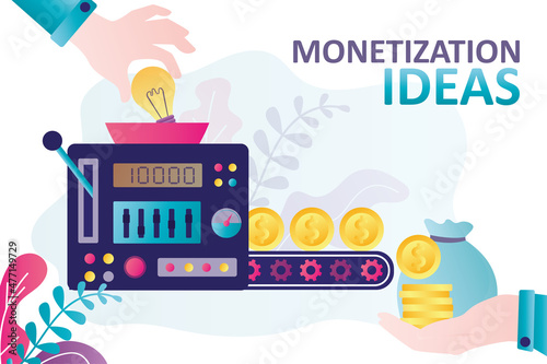 Entrepreneur throws light bulb into money machine. Businessman monetizes creative ideas, startups