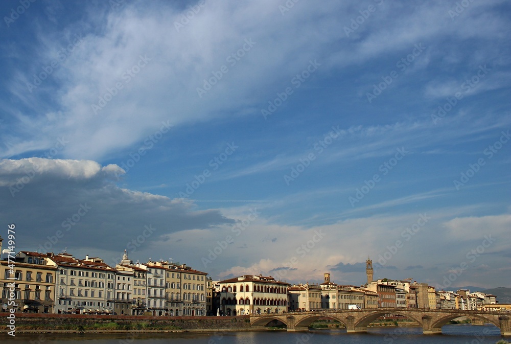 Italy, Tuscany: Foreshortening of Arno River in Florence.
