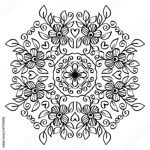 Ornamental mandala design background with flowers. Black and white. 