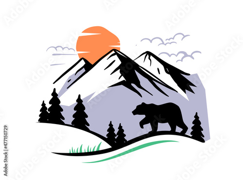 Mountain outdoor adventure landscape with bear vector.