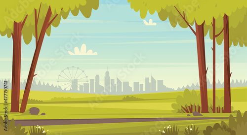 Summer green park landscape with trees. City on the background.