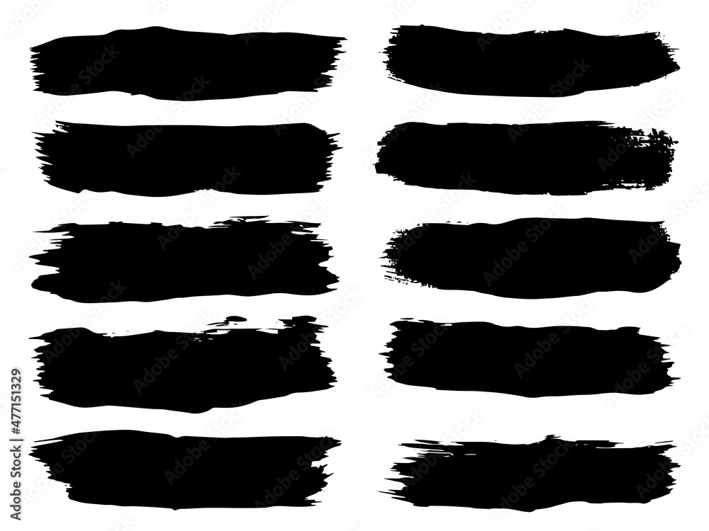 Vector collection or set of artistic black paint, ink or acrylic hand made creative brush stroke backgrounds isolated on white as grunge or grungy art, education abstract elements frame design