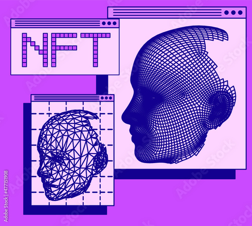 Collage illustration of user interface elements, 3D model of low poly human face. NFT image concept.