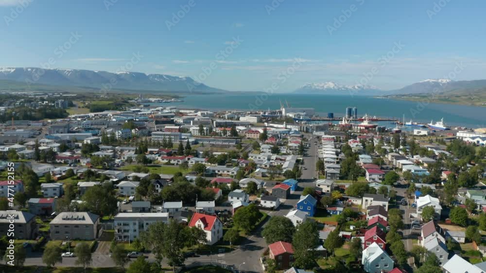 Birds eye view of Reykjavik, capital and largest city in Iceland, on