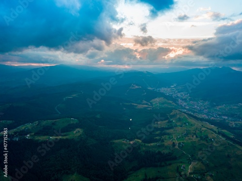 Sunset in the mountains. Ukrainian Carpathians in the evening. Aerial drone view. © Sergey