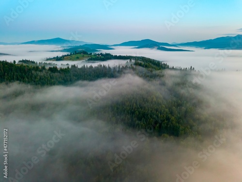 A thin morning fog covers the Ukrainian mountains. Green grass on the slopes of the mountains. A curly thin fog spreads over the mountains. Aerial drone view.