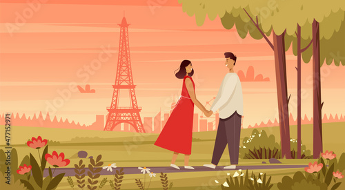 A loving couple walks in the park against the background of the eiffel tower. Valentines day banner. Romantic landscape background.