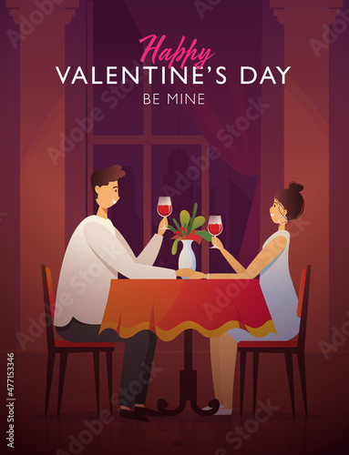 Couple romantic dinner in restaurant, man and woman in love sitting at served table drinking wine. Vector illustration.