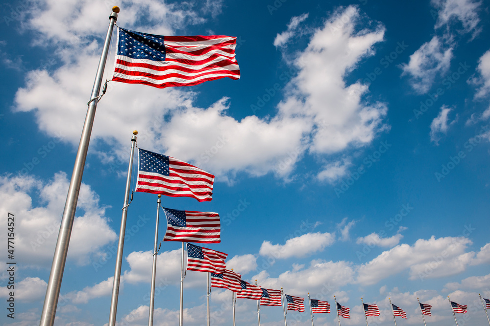 USA, Washington D.C., Row of American flags around Washington Monument