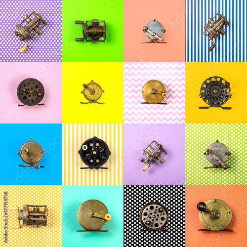 Vintage fishing reels on multi-colored patterned background
