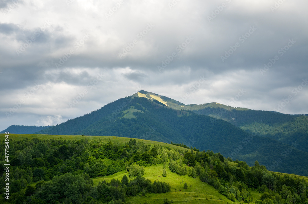 Colorful scenery of carpathian mountains with peak of mount Strymba in the distance beneath a cloudy sky. Popular travel destination. Carpathians, Ukraine 