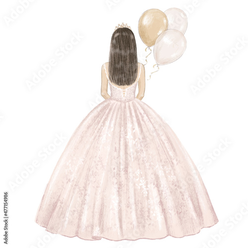 Girl in ball gown celebrates her 15 birthday. Hand drawn illustration