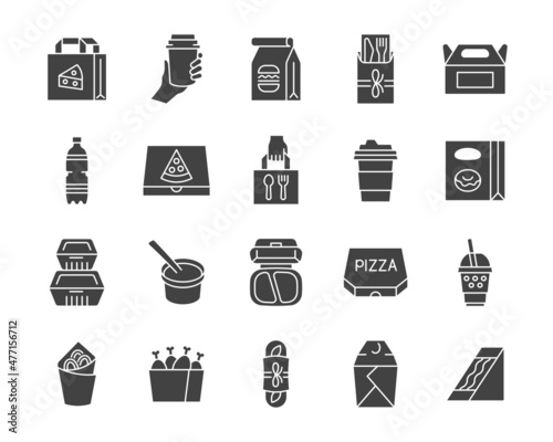 Take away food and drink glyph icon set. Fast food package. Delivery service vector collection.