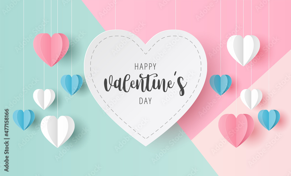 Paper cut of Happy Valentine's Day text on white heart with origami paper heart shape on pastel color background for greeting card, banner, poster
