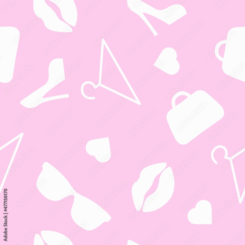 Fashion Pink Seamless Pattern. Vector seamless pattern or background with fashion elements, bags, kisses, hearts, shoes