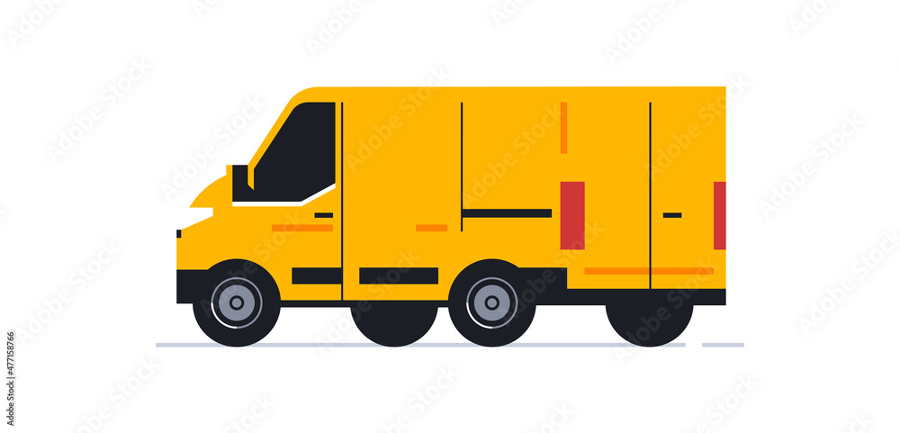 A van for an online home delivery service. Transport for delivery of orders. Van rear view in half turn. Transportation of orders of parcels, boxes to the house. Vector illustration