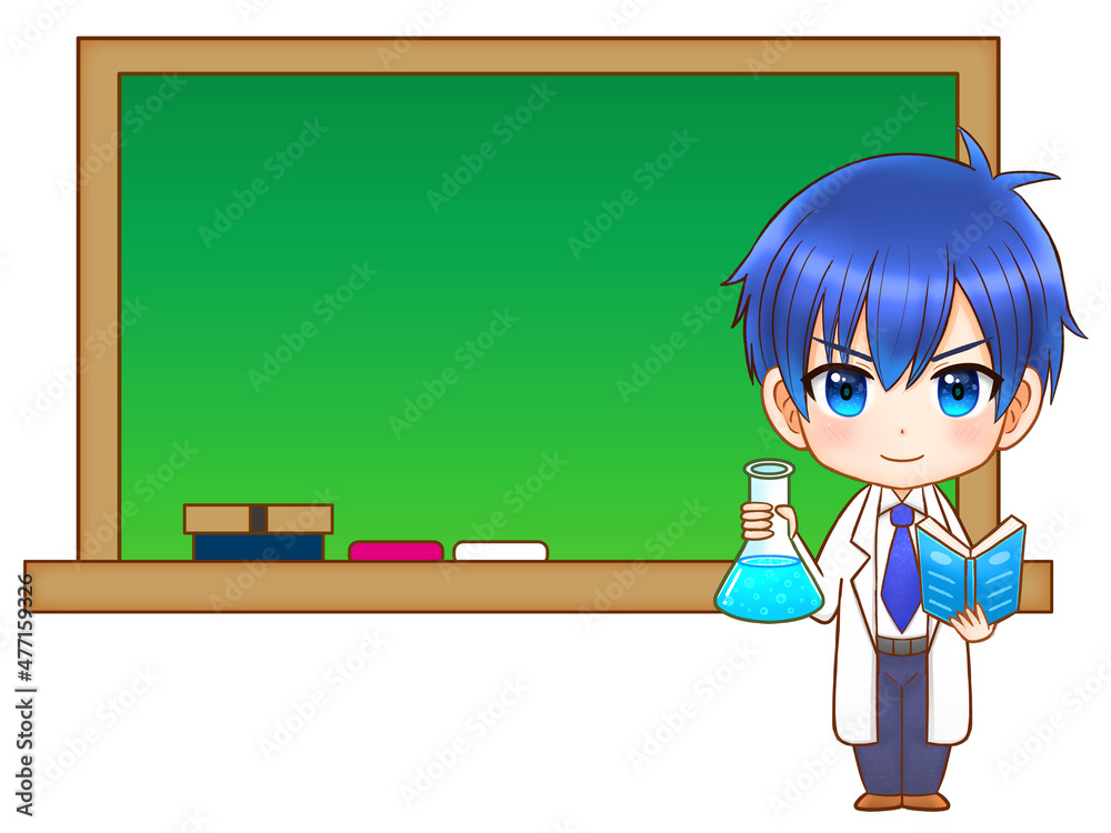 黒板で授業する科学者の少年＿ちびキャラ2