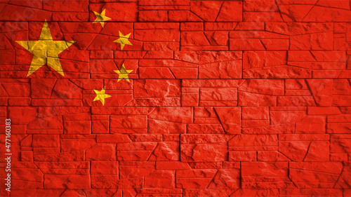 China flag with gray stone wall tiles texture. Texture of old poster back with China flag. Web banner template for industrial design. Vector